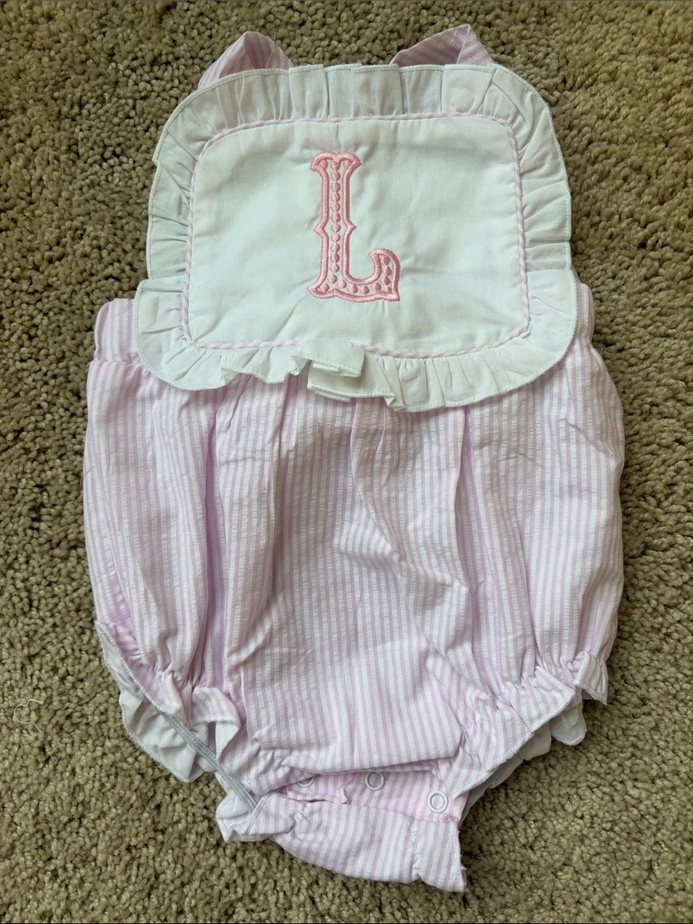 Infant Pink Stripe Monogram L Romper - Classic Ruffle Baby One-Piece